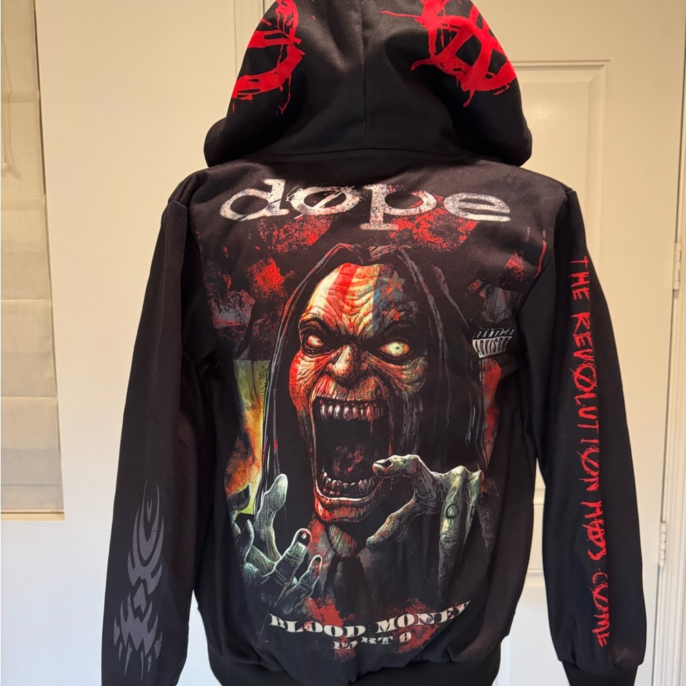 Dope Graphic Hoodie NWOT Distressed Black Red Gray Mens Zip Up Sweatshirt Jac…